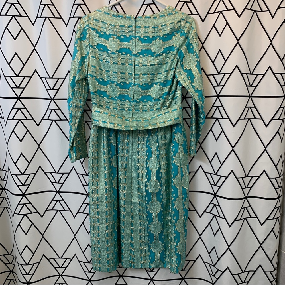 Vintage handmade 60s gold metallic peacock blue shift dress - Picture 10 of 12